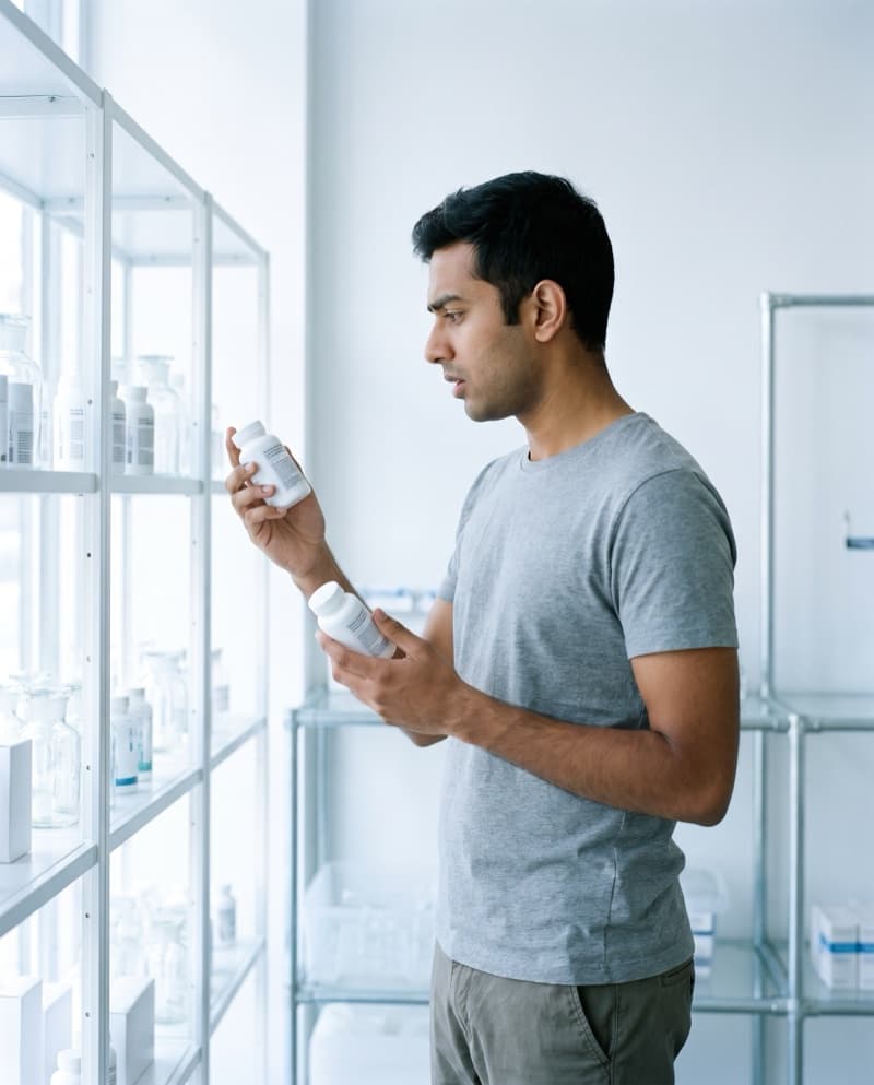 A pharmacy counter, a bottle changing hands