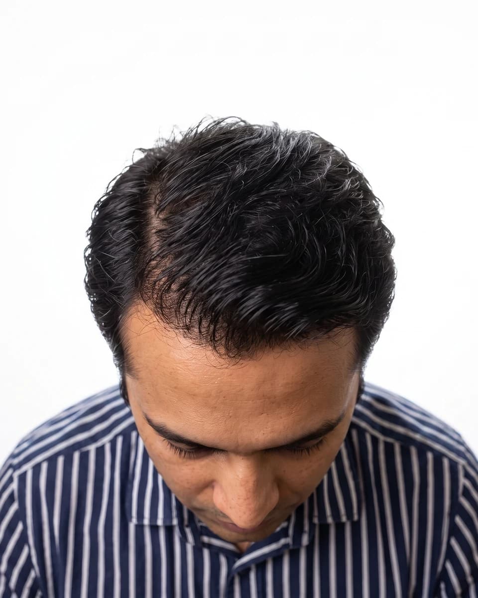 Photographic portrait of the same man at hair-loss stage 1
