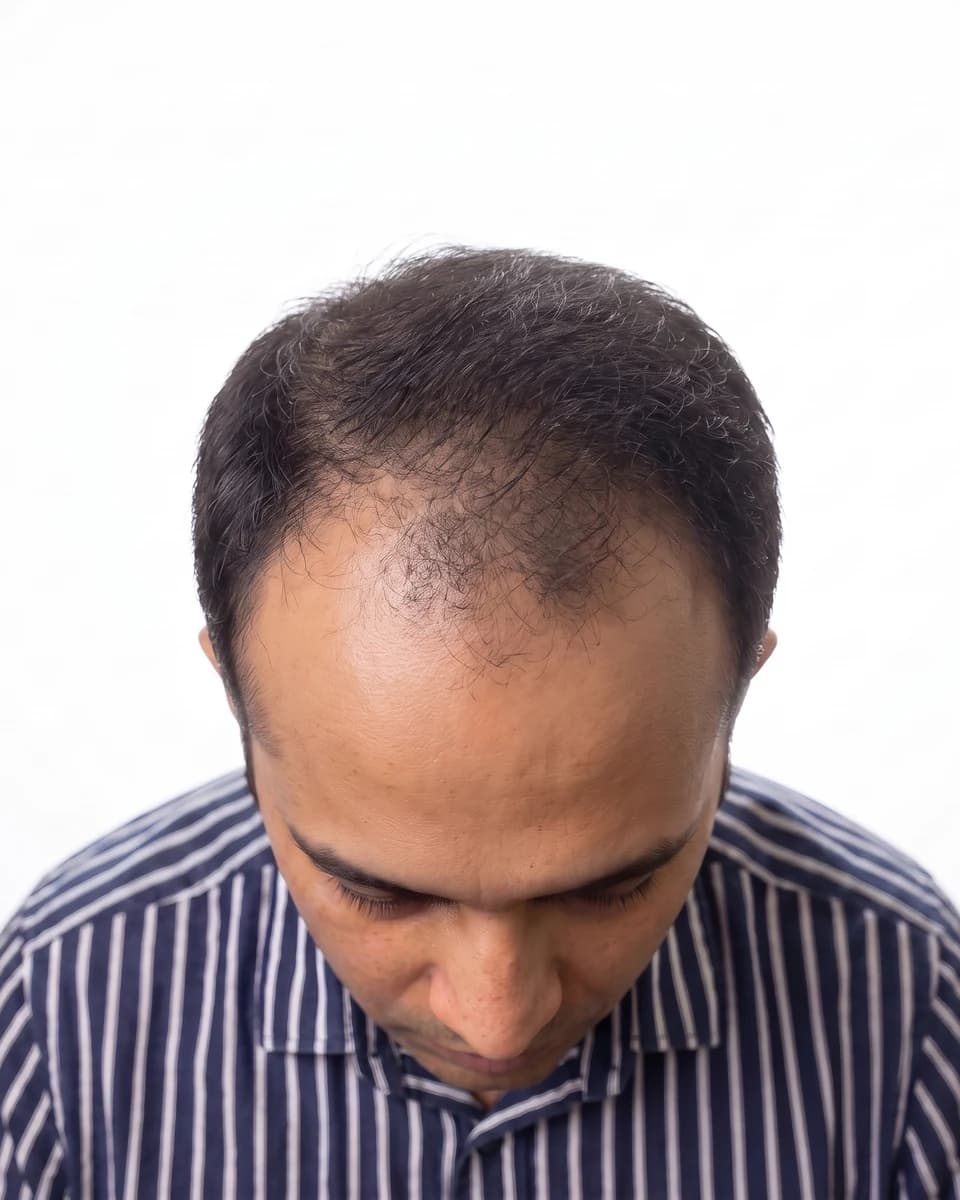 Photographic portrait of the same man at hair-loss stage 4