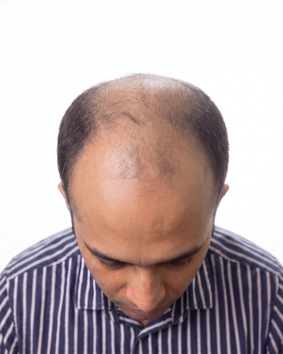 Photographic portrait of the same man at hair-loss stage 6